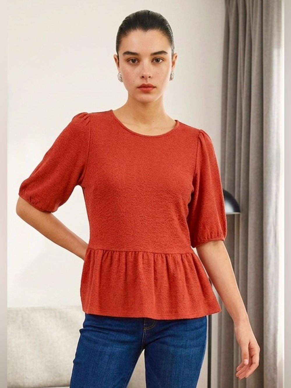 Ladies Banana Republic Top 3/4 Sleeve Round Neck Ruffle Burnt Orange Size L NWOT